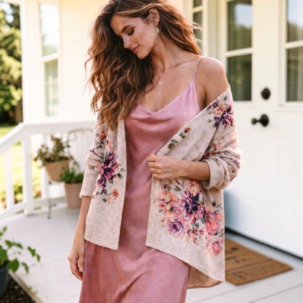 Romantic Cottagecore L Floral Cardigan Beige Open Lightweight Knit Boho Capsule